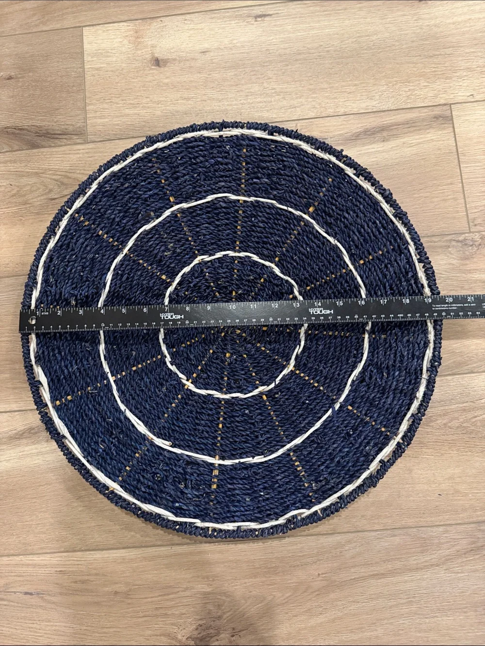 Handwoven Navy and White Round Seagrass Accent Wall Hanging.